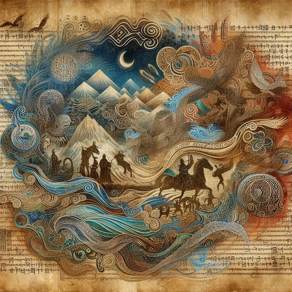 Surreal parchment artwork titled 'Living History of the Mongols,' depicting vibrant scenes and symbols that celebrate Mongolian culture and heritage in an imaginative style