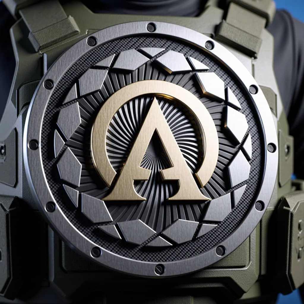 Hyperrealistic close-up of a metallic insignia featuring an interlocking Alpha and Omega symbol engraved in gold and silver on a tactical chest plate—representing coherence, focus, and elite operational alignment within the Alpha-Gating Paradigm.