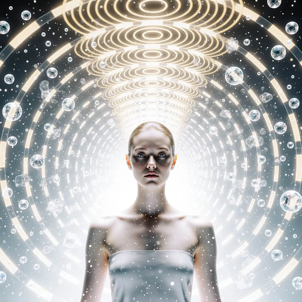 Luminous portrait of a serene figure standing at the center of a radiant tunnel made of concentric light rings and floating crystal spheres—symbolizing consciousness alignment, resonance, and entry into the Alpha-Gating coherence field.