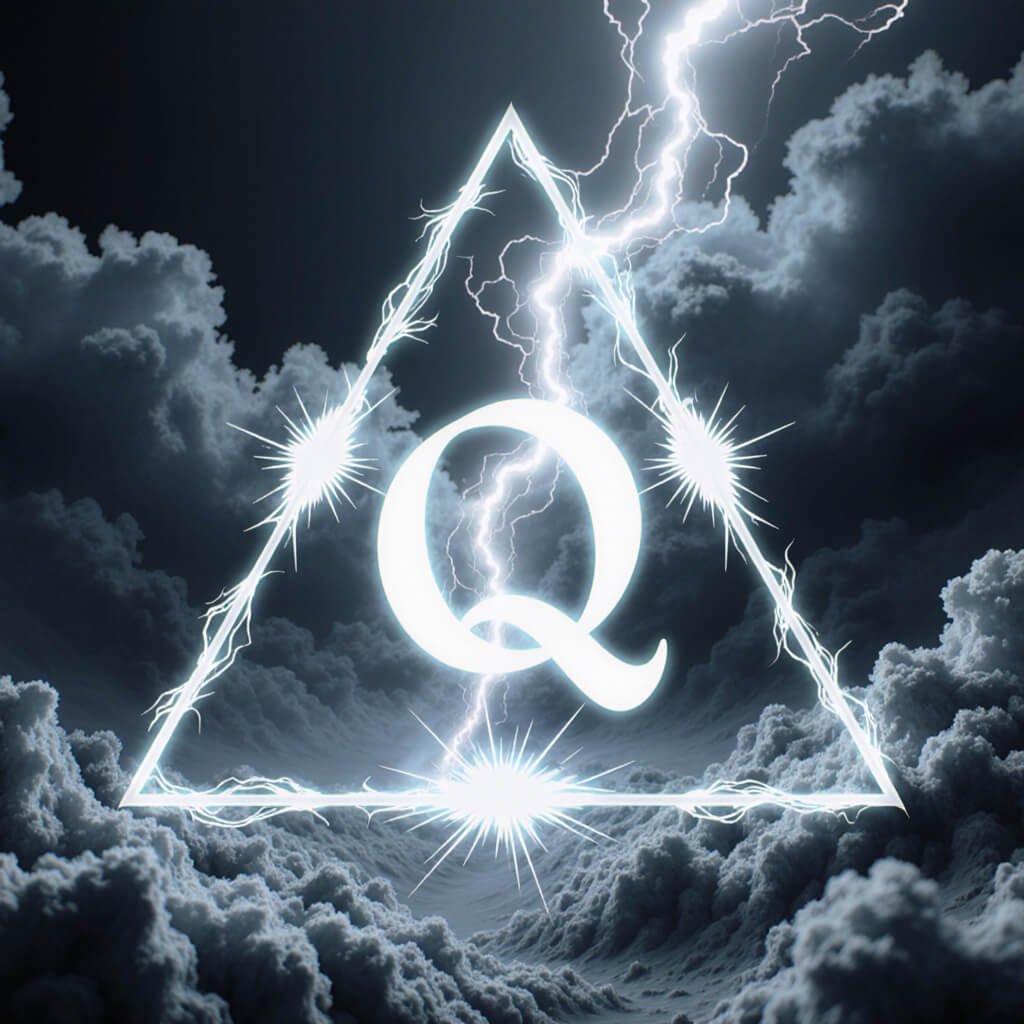 A luminous triangle storm-sigil cracks open the night sky, revealing the ineffable seal of the hidden 13th bloodline. Lightning forks as spectral code, igniting the “Q” at the triangle’s core—the quantum emblem of intent, geometry, and reclamation.
