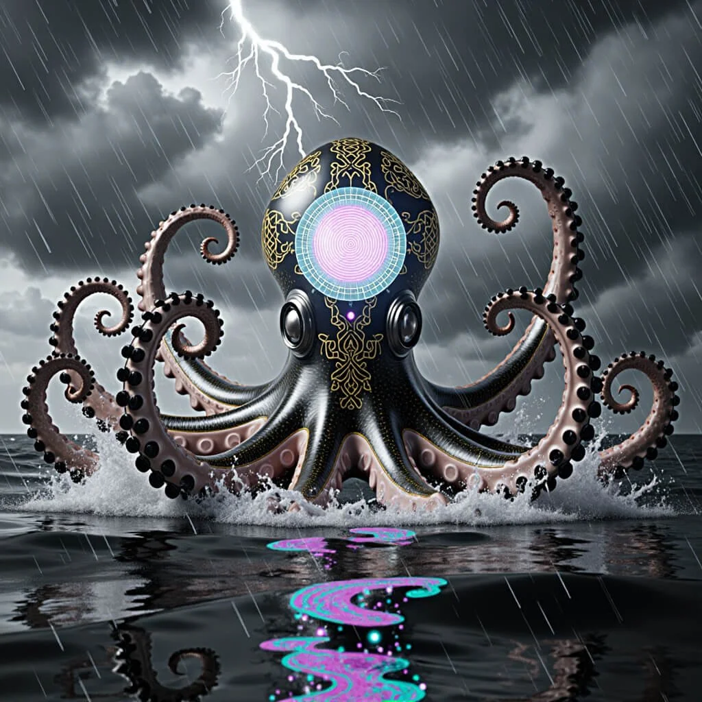 Biomechanical octopus with gold filigree rises from a rainy sea; a glowing concentric sensor on its head reflects neon in the water as lightning forks above.