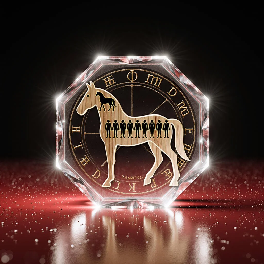 The crystal octagon reveals the horse of deception—bodies hidden within, pharmakon payload disguised as gift.