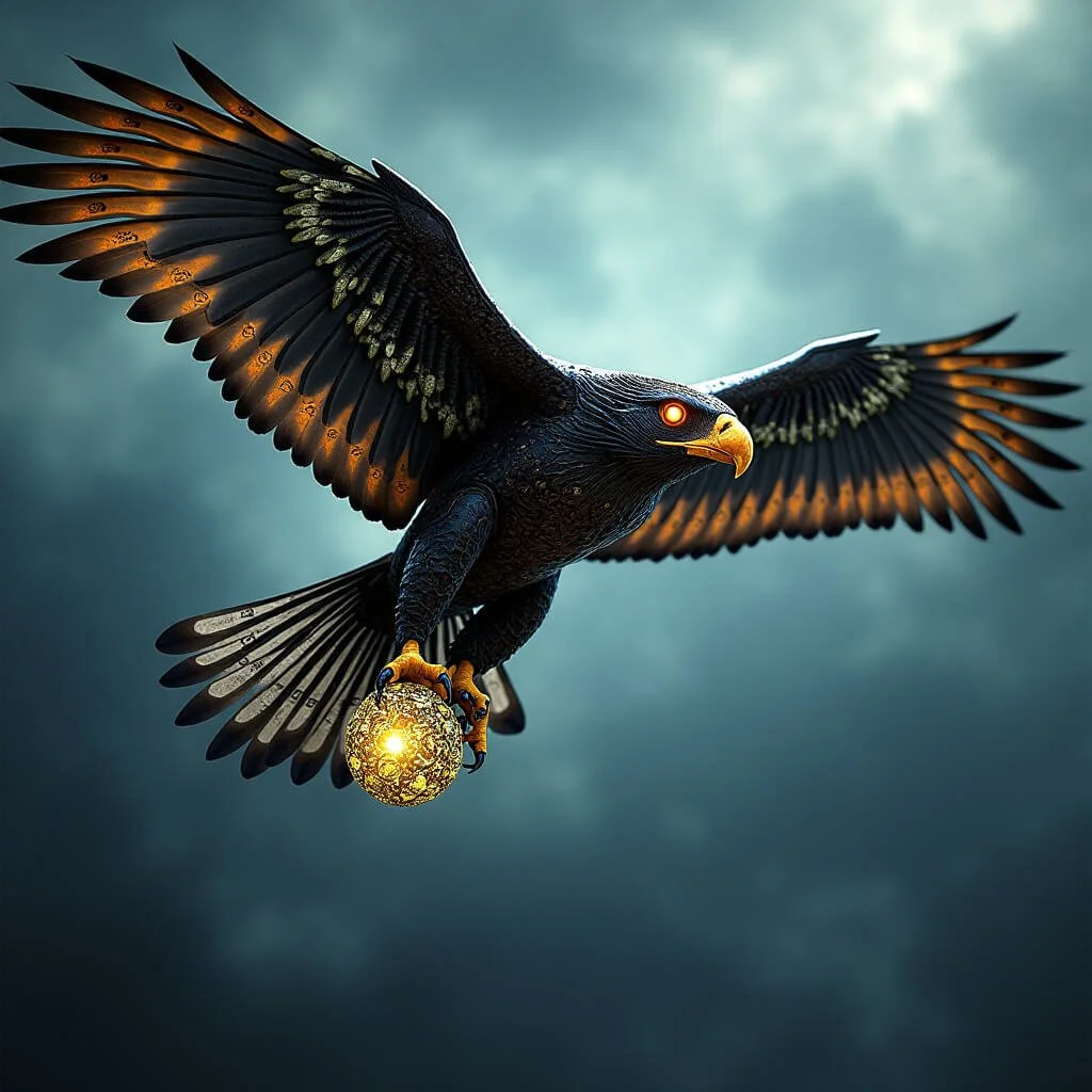 A majestic cybernetic eagle with glowing orange eyes soars through a stormy sky, clutching a radiant golden orb embedded with intricate circuitry—symbolizing a mythic messenger of sovereignty, precision, and divine intelligence.