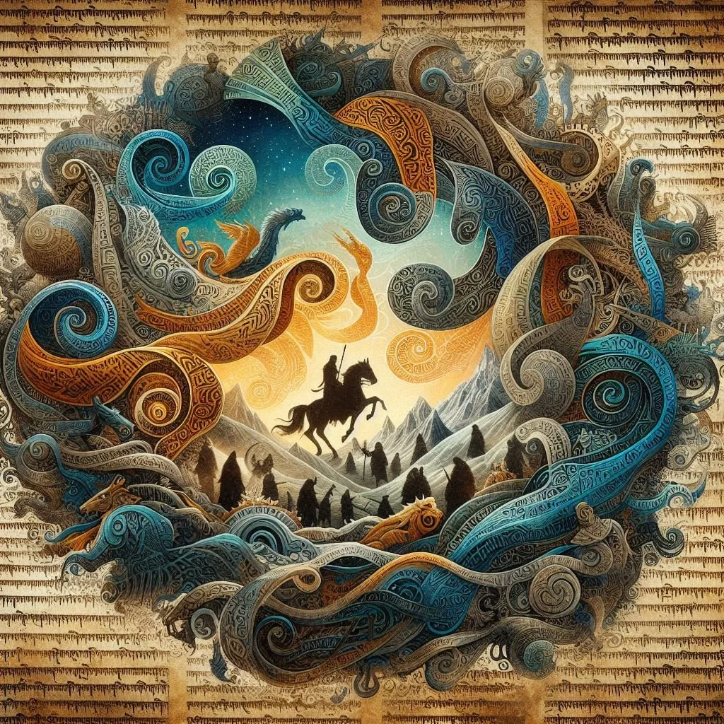 Magical parchment artwork representing the Mongolian epic, filled with intricate designs and vibrant colors that evoke the richness of Mongolian storytelling and mythology.