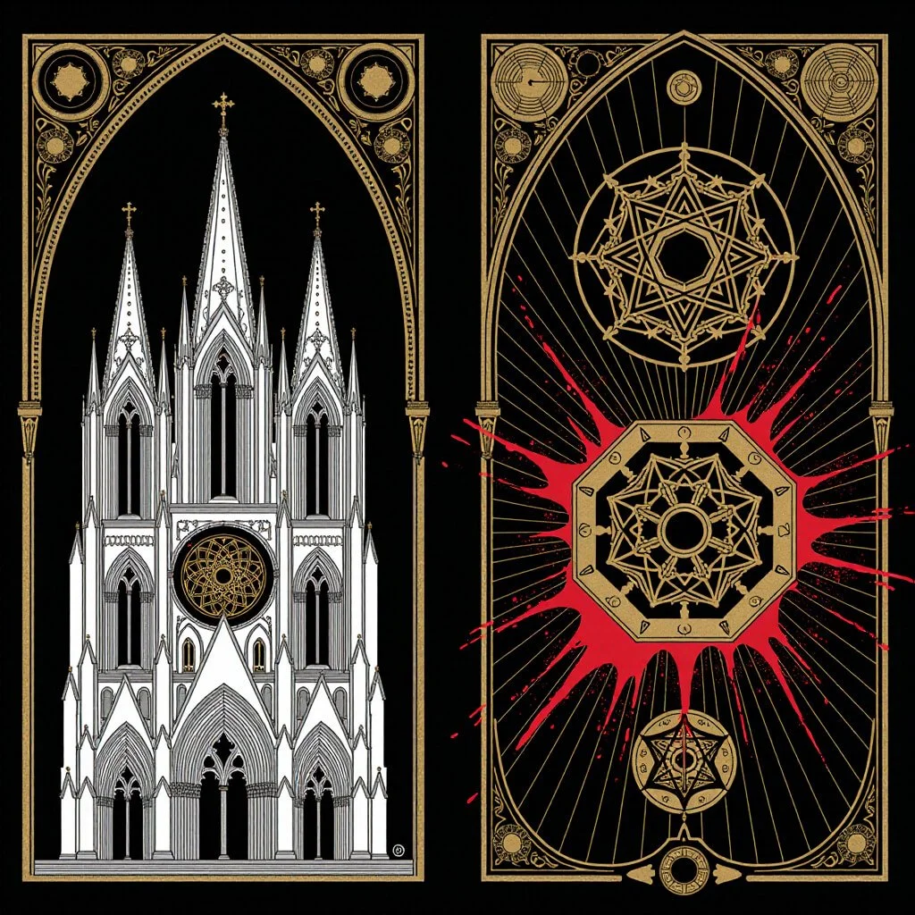 A cathedral facade and blood-splattered occult seals—dynastic corruptions revealed through Gothic-Masonic patriarchal dreamscapes.