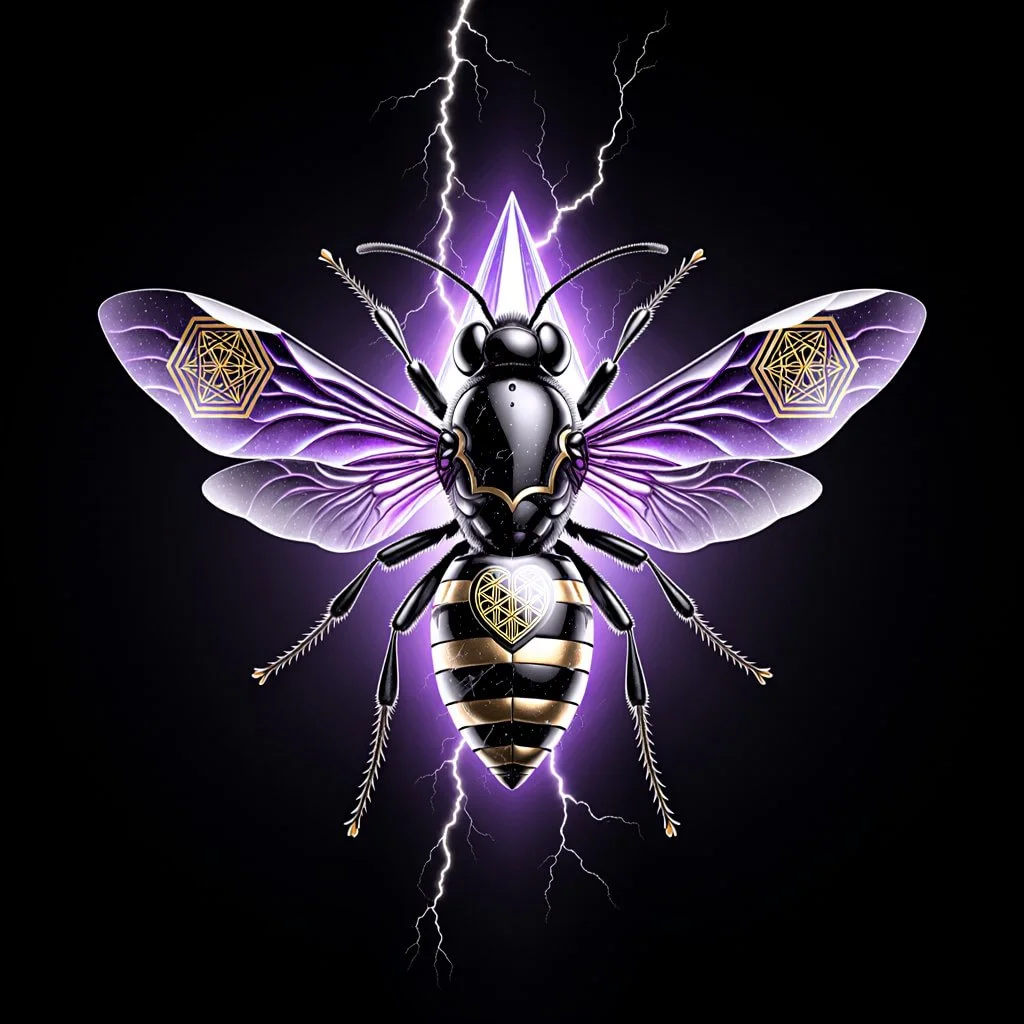 Black-and-gold violet bee with hexagonal sigils on its wings and a glowing heart emblem hovers before a crystal crown as lightning forks above and below.
