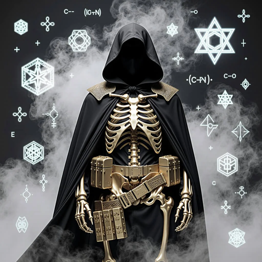 Hooded skeletal figure in gold anatomical armor standing in mist with geometric symbols and code-like sigils floating behind them, representing predatory authority and symbolic control within Archetypal Predation.