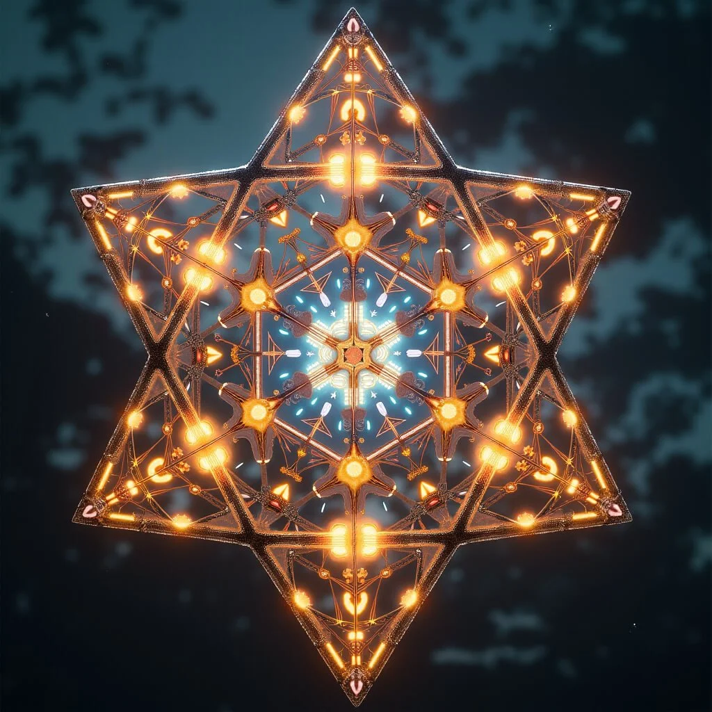 Luminous star-shaped geometric structure composed of glowing circuitry patterns and symmetrical nodes, representing sacred geometry and archetypal resonance.