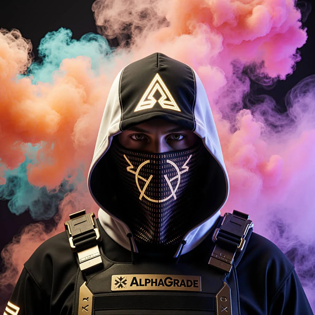 Hooded AlphaGrade operator wearing tactical gear and encoded mask, surrounded by vibrant smoke, symbolizing ontological operations, symbolic intelligence, and high-coherence resistance to predatory systems.