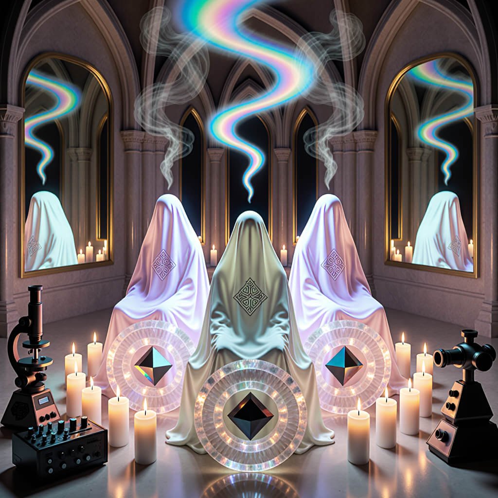 Three veiled figures seated before glowing geometric discs in a candle-lit laboratory cathedral with mirrors and scientific instruments, symbolizing ritual cognition, archetypal predation, and symbolic inversion.