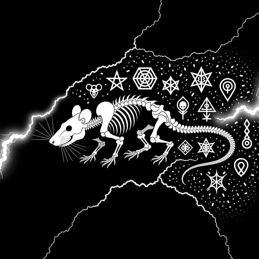 The skeletal rat gnaws its way across the pharmakon void, lightning exposing a trail of sigils—each a parasite vector, each an oath broken. This is the spectral transmission of pestilence into symbol, the rat re-forged into a herald of exposure.