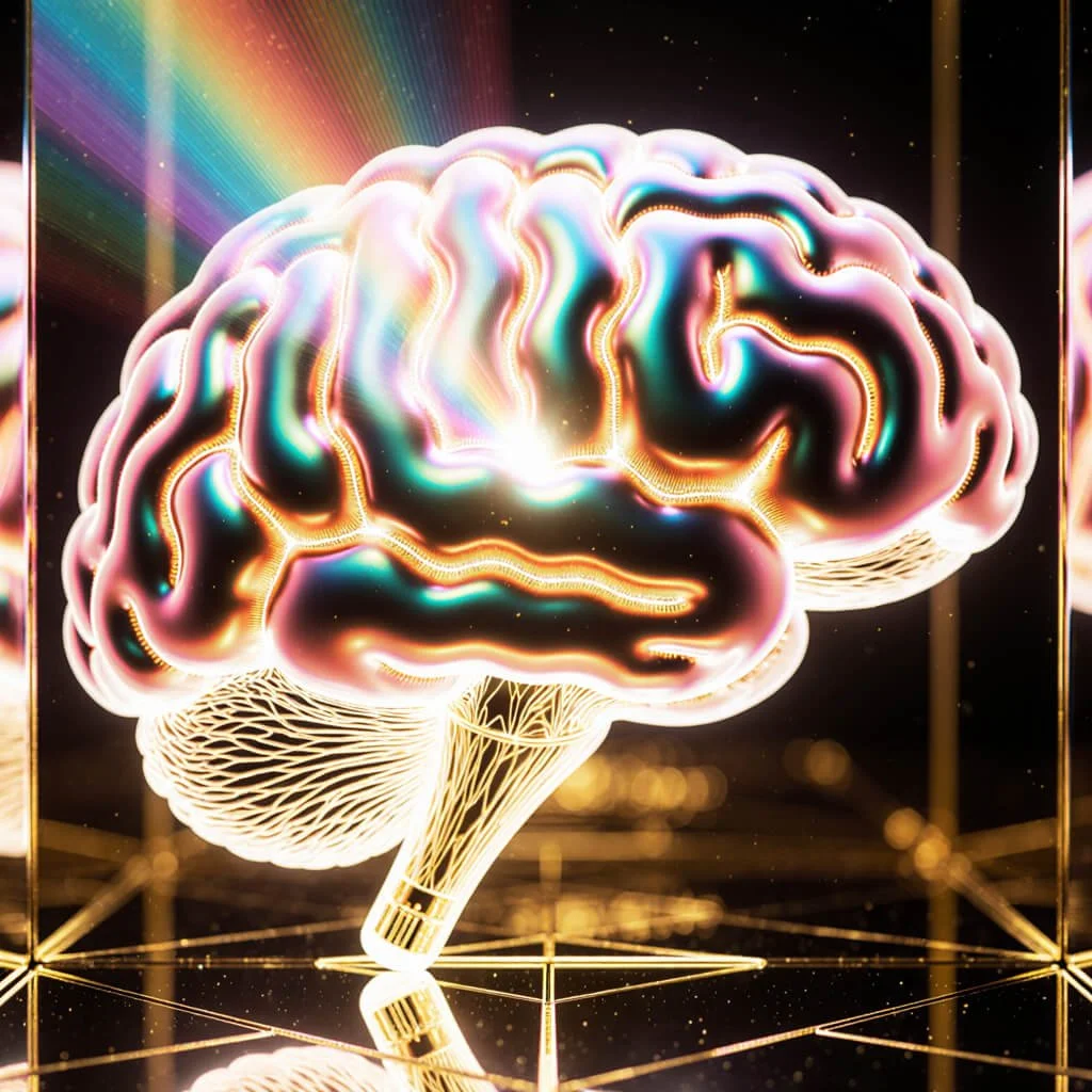 Luminescent 3D brain sculpture radiating multicolored light with gold circuitry highlights, resting on a mirrored geometric grid. Represents holographic neural coherence and phase-locked encoding within Spectral Unity.