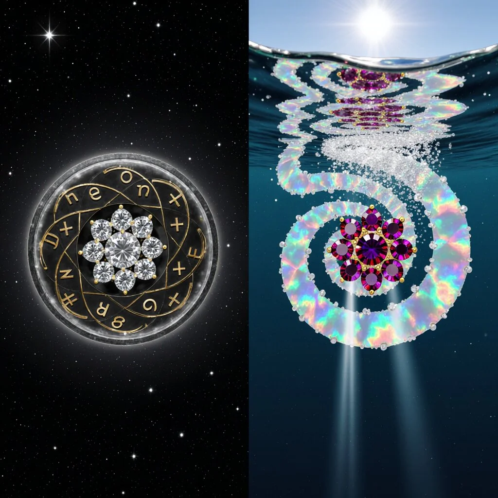 Dual panel image showing a jewel-encrusted occult sigil floating in outer space beside an iridescent spiral of gemstones descending into deep water, symbolizing fractal initiation, hidden knowledge, and mythic transmission across dimensions.