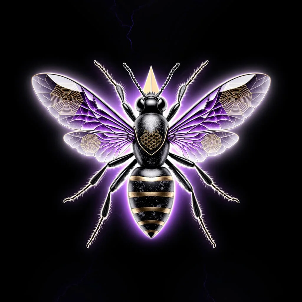 Luminescent purple-and-gold wasp with geometric web patterns on its wings and a triangular crown glows against a black void.