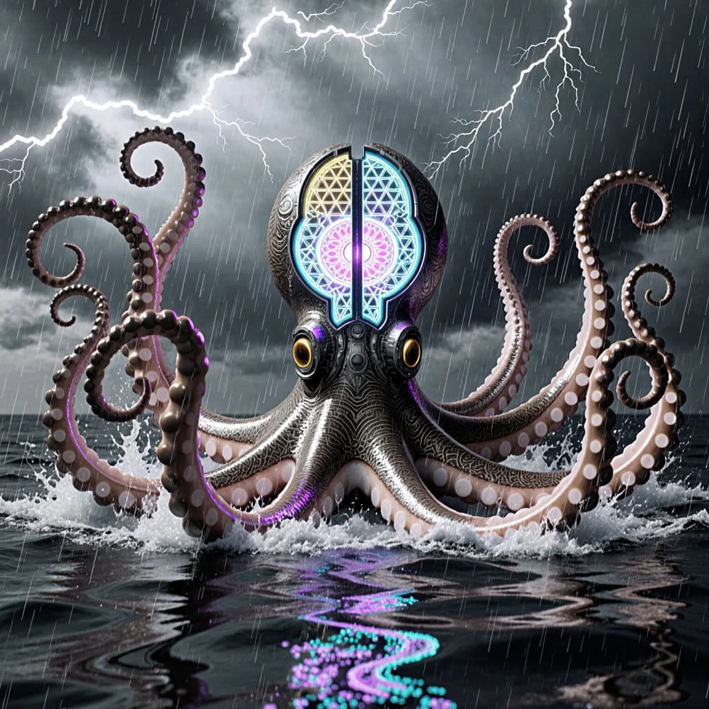 Biomechanical octopus rises from a stormy sea; lightning forks above while a glowing geometric crest splits its head and reflects in the water.