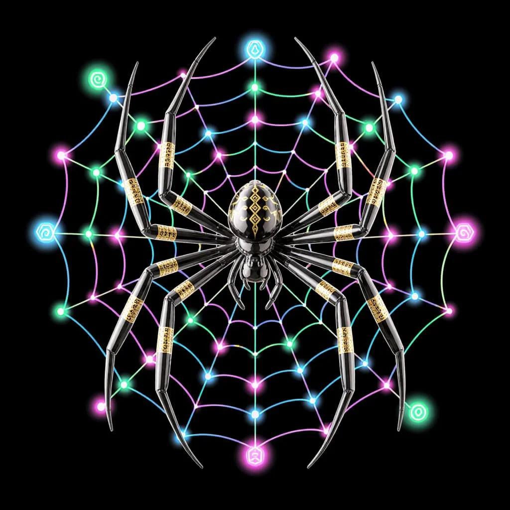 Polished black spider with gold inlays rests at the center of a glowing multicolor geometric web with haloed nodes and glyphs on a black void.