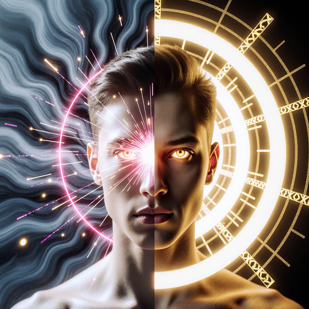 Portrait of a person divided by contrasting halves—one side radiating pink and blue energy waves, the other illuminated by golden concentric rings—symbolizing the merging of chaos and coherence within the Alpha-Gating state of heightened focus.