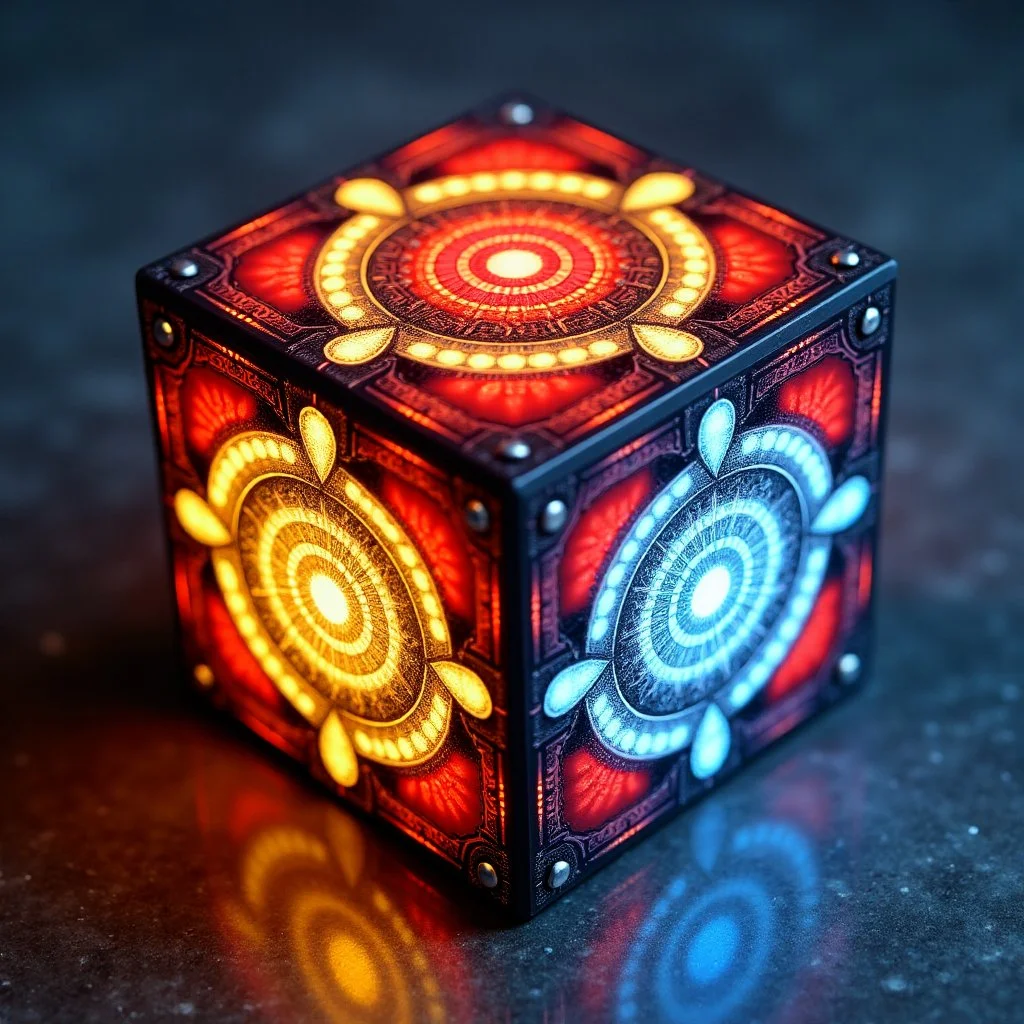Radiant cubic device with glowing mandala-like concentric circuits on each face, illuminated in red, gold, and blue—symbolizing spectral phase lock, recursive coherence, and multidimensional activation; resting on a reflective metallic surface.