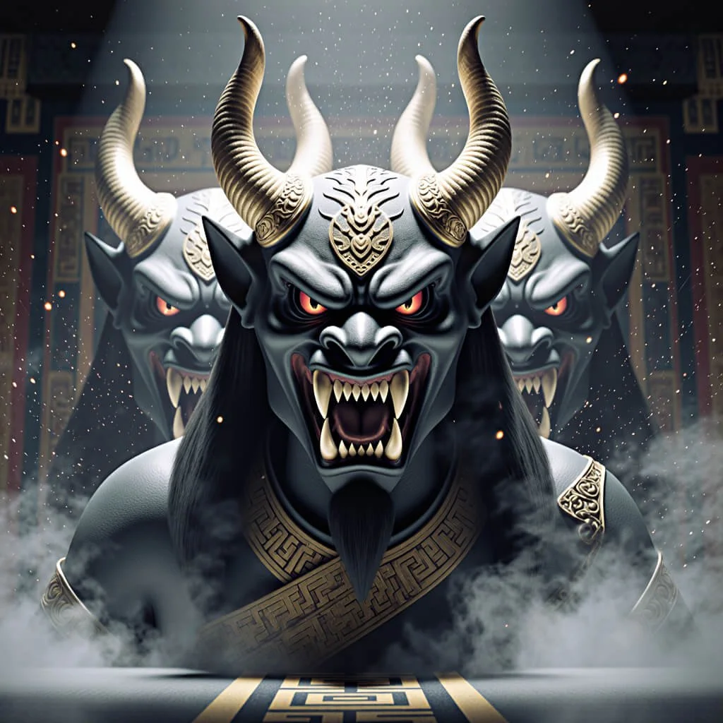 Three demonic oni heads with horns and glowing red eyes emerging from smoke in a ceremonial chamber, representing archetypal predation, shadow possession, and the fractal replication of destructive power.