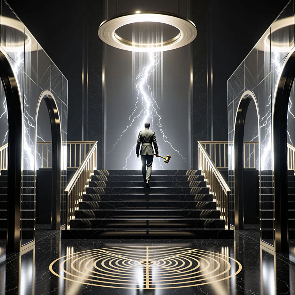 A suited figure carrying a gold gavel climbs black marble stairs toward a lightning-lit altar beneath a glowing ring; arches and a gold labyrinth are inlaid on the floor.