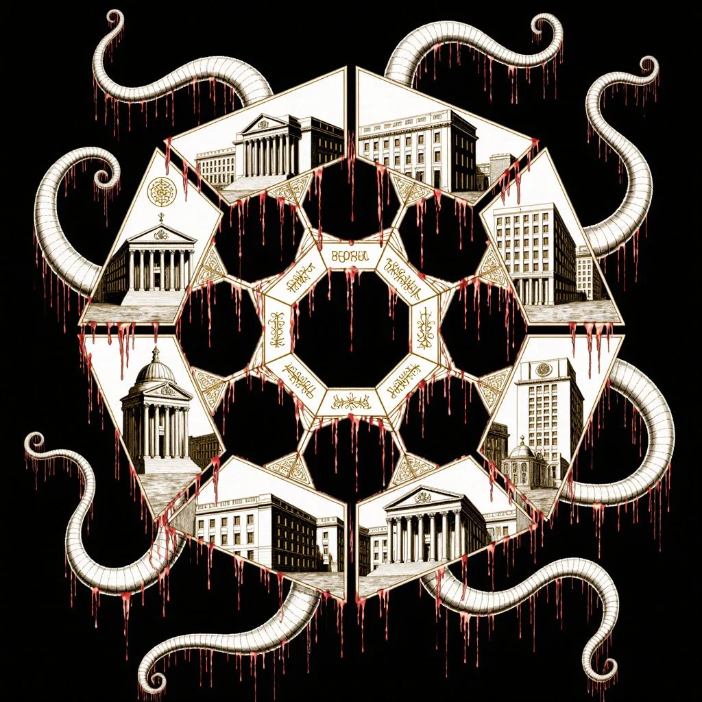 The octagonal fortress of false power bleeds from every edge, bound in the tentacles of the abyssal beast. Courthouses, banks, and temples form the carnival ring of control—each brick dripping with blood, each tentacle a chain of enslavement.