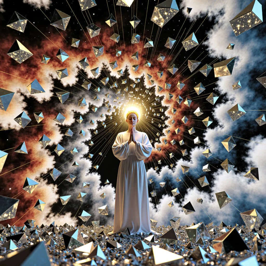 Surreal cinematic scene of a serene figure in white standing amid floating mirrored pyramids and radiant clouds, golden light emanating from behind the head to form a spiral vortex
