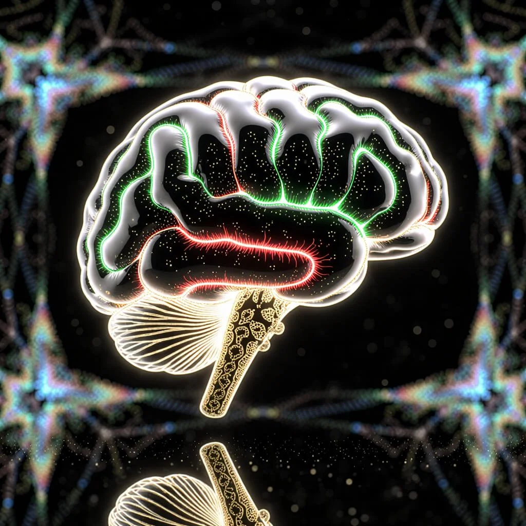 Glowing digital rendering of a human brain illuminated with red, green, and gold energy lines against a dark fractal background, symbolizing neural coherence, quantum connectivity, and the energetic precision of the Alpha-Gating Paradigm.