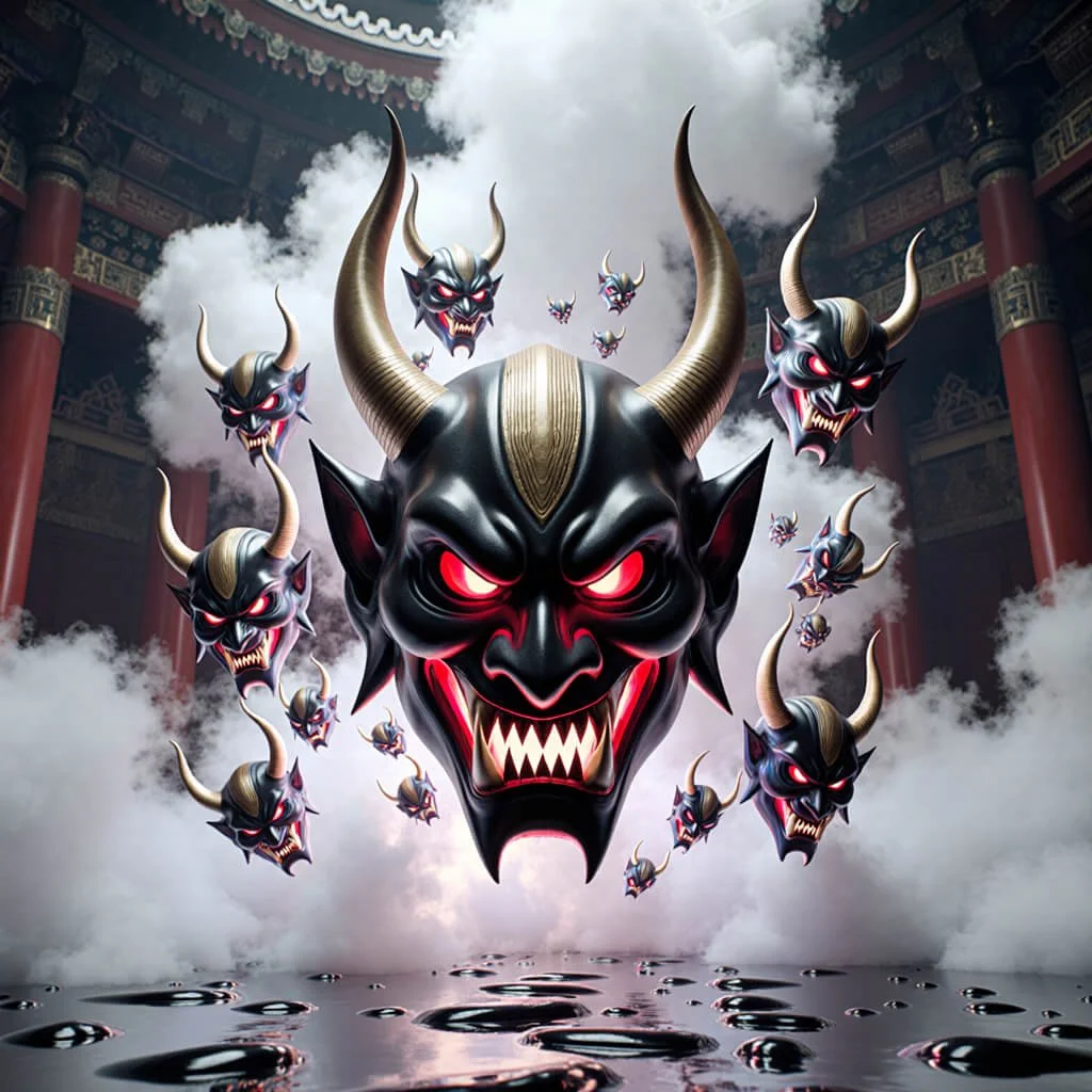 Multiple horned demon masks with glowing red eyes emerging from smoke in a ritual chamber, symbolizing fractal fear, shadow archetypes, and psychological adversary patterns.