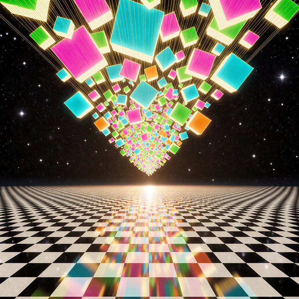 Surreal scene of glowing neon cubes in pink, cyan, green, and orange descending in geometric formation over a black-and-white checkerboard floor, extending toward a radiant horizon in deep space.