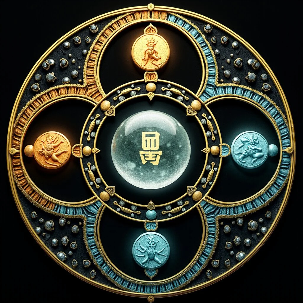 A sacred circular mandala composed of four equidistant elemental nodes in gold and blue, each containing stylized figures representing mythic guardians or divine archetypes.
