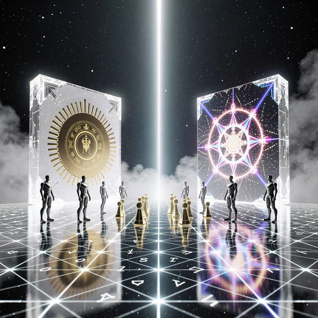 Futuristic chessboard on a glowing grid with golden game pieces, human figures, and two massive illuminated sigil-monoliths facing each other, symbolizing archetypal warfare, order vs chaos, and metaphysical game theory.
