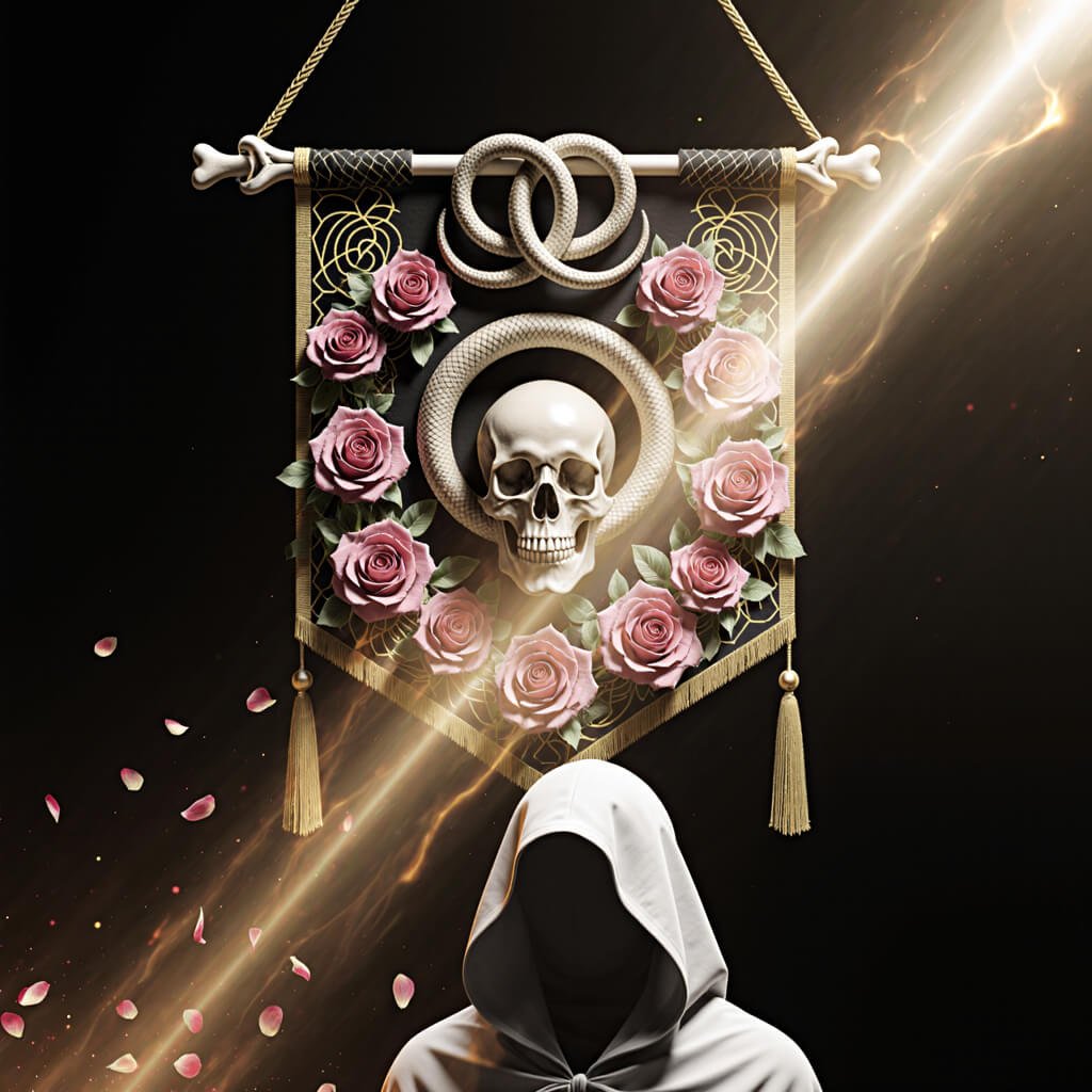 Ceremonial banner featuring a skull encircled by a serpent, interwoven rings, and roses, with a hooded faceless figure below, symbolizing liberation resistance against predatory control systems.