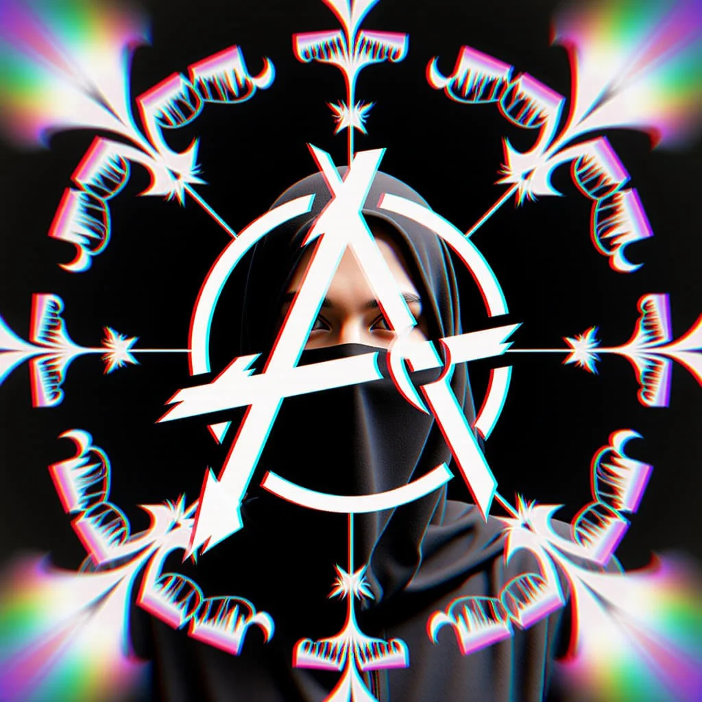 The veiled Initiate crowned by anarchic sigil and spectral refractions—when the Black Path chooses you, Hyperlogic becomes your shield.