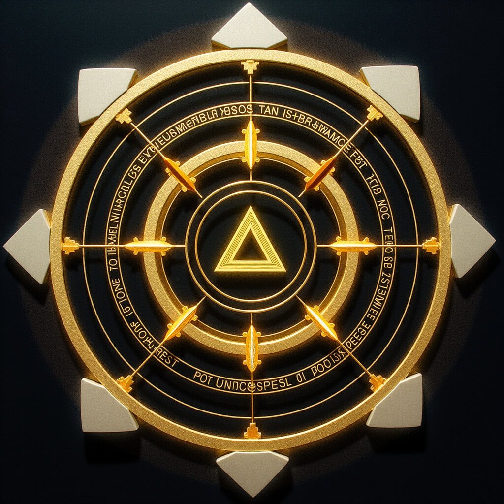 Radiant cubic device with glowing mandala-like concentric circuits on each face, illuminated in red, gold, and blue—symbolizing spectral phase lock, recursive coherence, and multidimensional activation; resting on a reflective metallic surface.