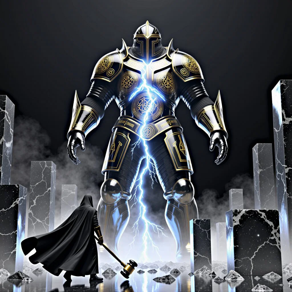 Cloaked figure with a gold gavel faces a towering armored colossus as lightning runs down the giant’s chest amid marble pillars and mist.