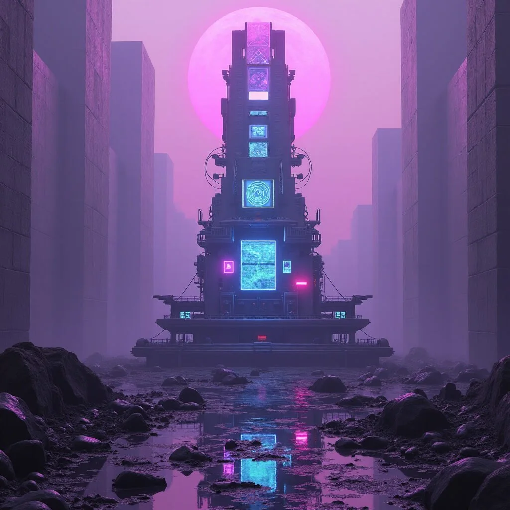 Decompression of Phase-Shifted Signal Architecture — a monumental cyber-temple structure glowing with blue and magenta screens beneath a radiant magenta sun,