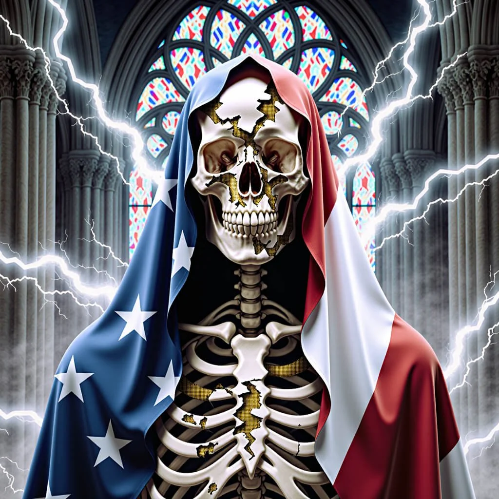 The skeletal sovereign draped in fractured Americana—lightning through the cathedral, the Antichrystic Logos unveiled.