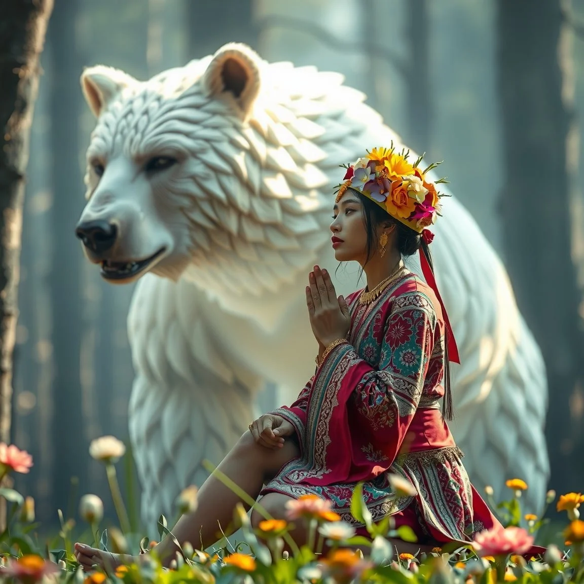 Mongolian shamanic priestess in deep reverence, adorned with an elaborate floral headdress as she summons a massive spirit bear around her, embodying the connection between nature and spirituality.