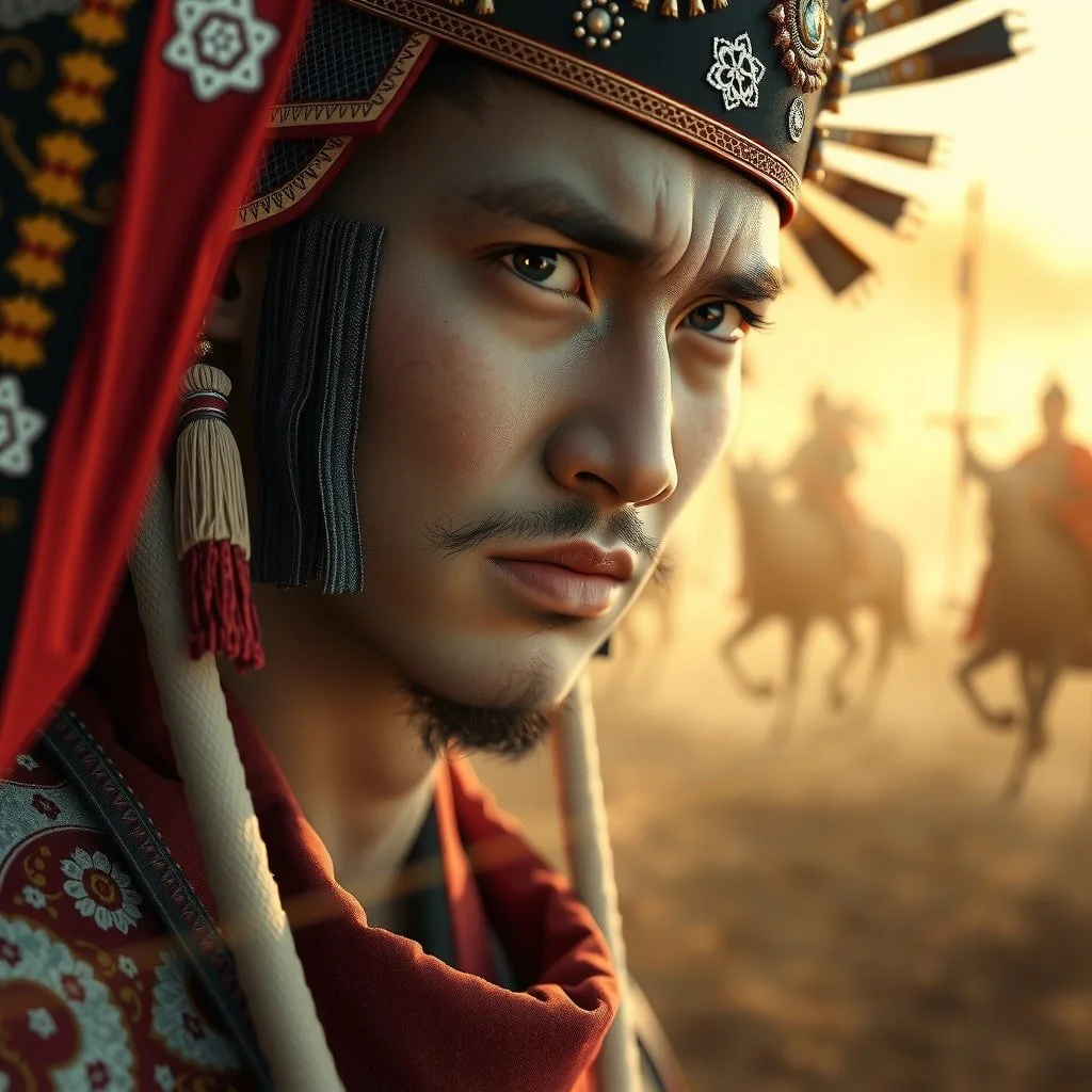 Close-up portrait of a young Genghis Khan, his face filled with grit, determination, and fury, capturing the intensity of his rise to power.