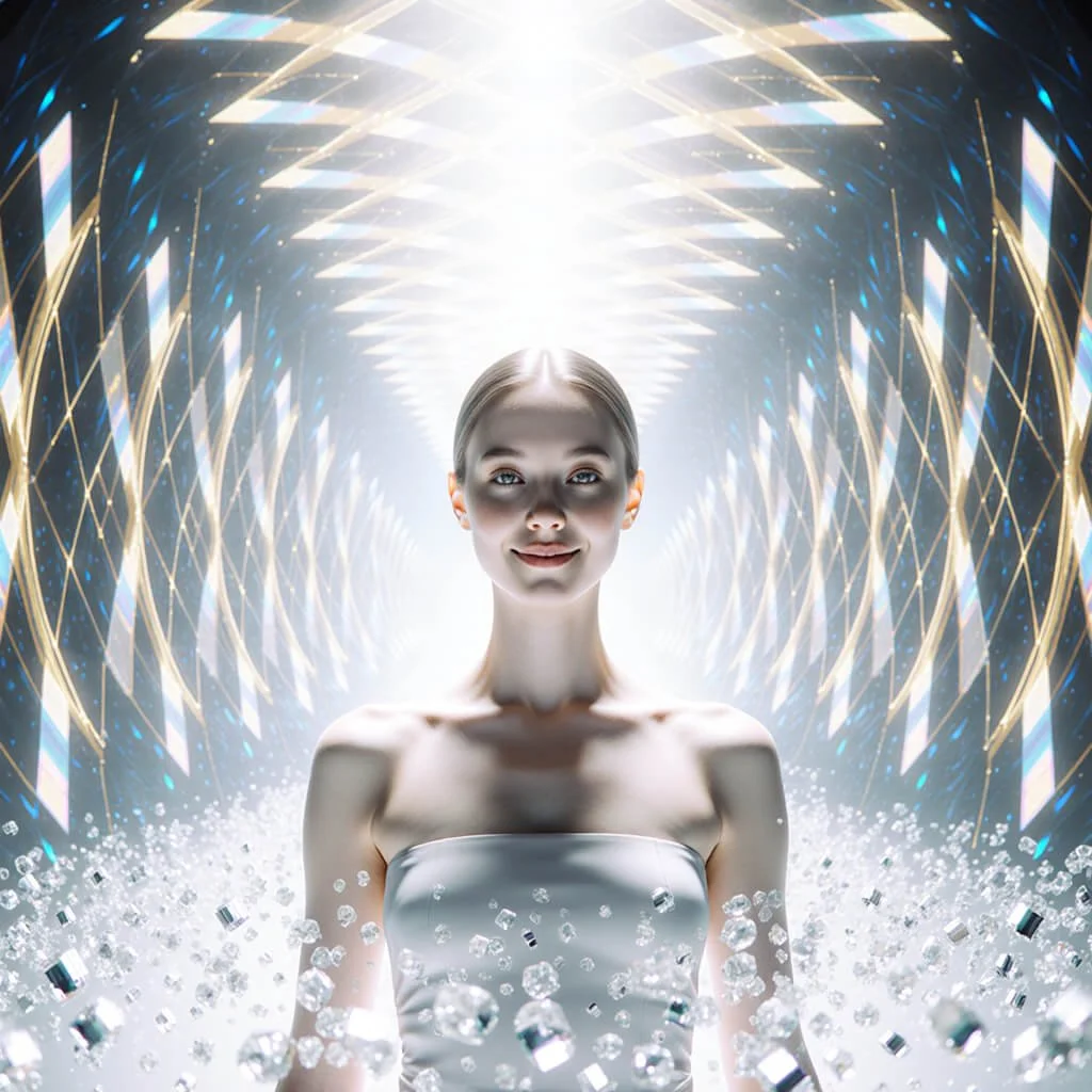 Surreal photoreal portrait of a serene woman standing in a tunnel of golden geometric light, illuminated from above by a radiant beam. Floating crystalline particles shimmer around her