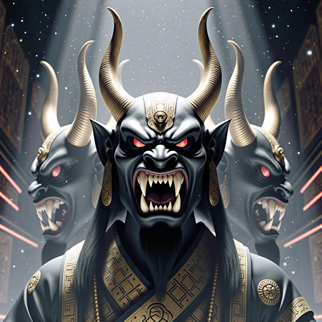 Hyperreal black and gold Oni with elongated horns and razor fangs, depicted as a multi-headed archetypal shadow entity in ceremonial armor, representing predatory consciousness and structural power.