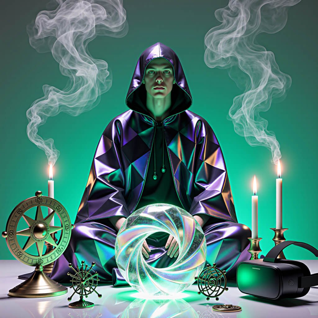 Hooded figure in iridescent geometric robe seated in ritual posture with glowing toroidal object, candles, symbolic instruments, and VR headset, depicting techno-mysticism, hyperlogic awareness, and symbolic interface design.