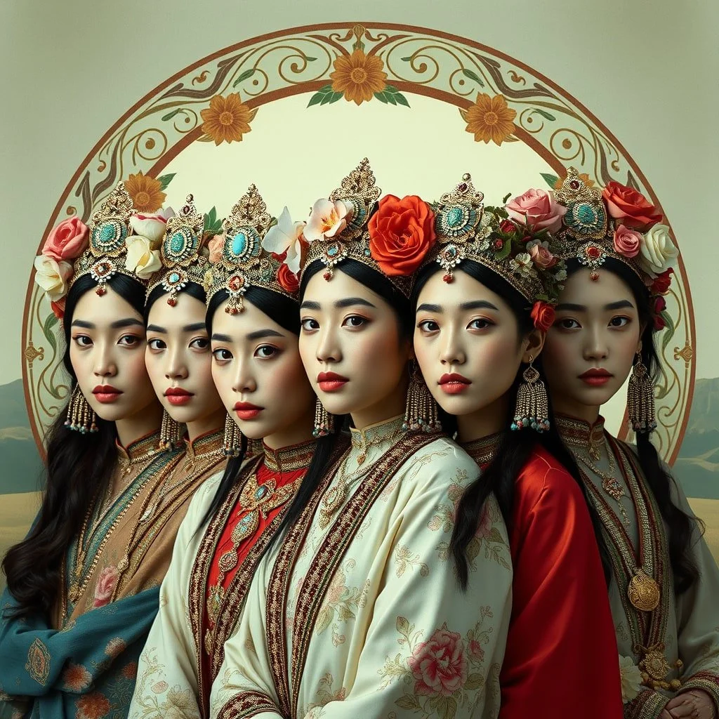 Mongolian high fashion portrait of floral sisters, featuring rich symbolism and beauty, blending traditional elements with contemporary design in a striking visual narrative.
