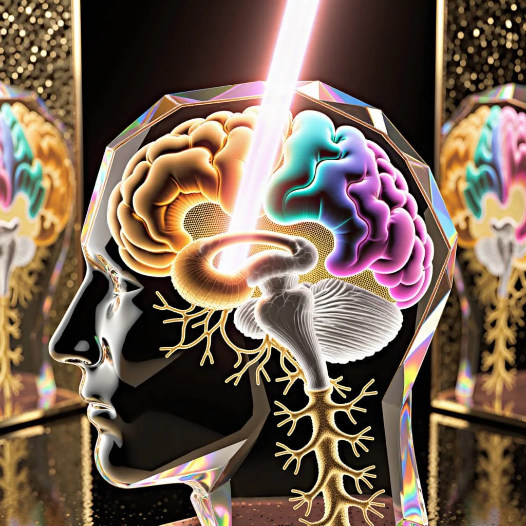 Hyperreal rendering of a transparent human head revealing a luminous, multicolored brain. A radiant beam of white light descends through the crown, illuminating neural pathways in gold. The composition represents cross-frequency coupling