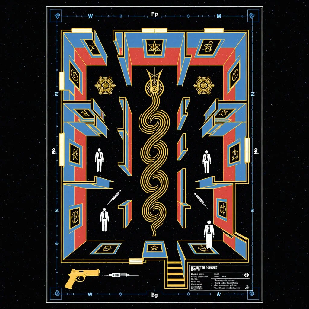 A labyrinth of sigils, syringes, and serpents—the Pharmakon Theater revealed as blueprint of ritual erasure and controlled annihilation.