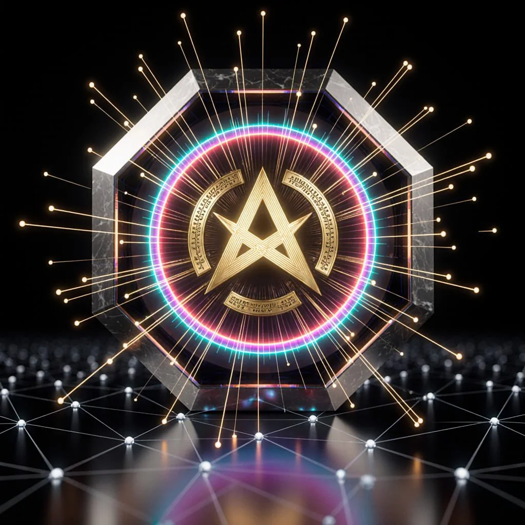 Golden Alpha sigil enclosed in a black titanium and marble octagonal frame, radiating multicolored neon energy lines over a dark neural network grid. Symbolizes coherence, activation, and the synchronization of intelligence fields.