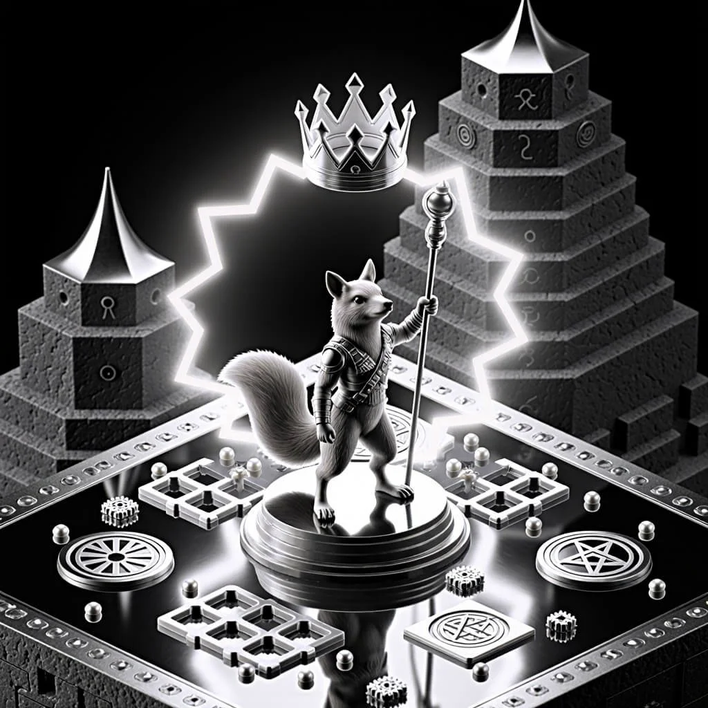 Silver fox in light armor stands on a mirrored game board with a scepter; a jagged lightning halo and floating crown glow between rune-marked pyramids.