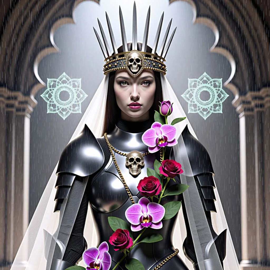 Armored woman with a spiked skull crown and veil stands in a gothic archway; a chain-set skull medallion and a vine of red roses and purple orchids cross her cuirass.