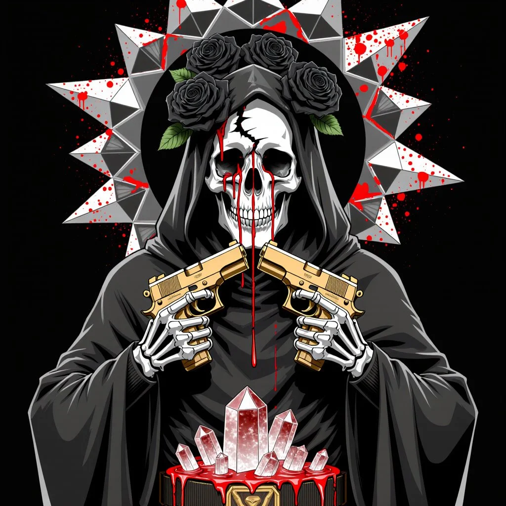 Blood-dripped skull crowned with roses, twin golden pistols, and a crystal altar—the cloaked emissary of pharmakon death and transfiguration.