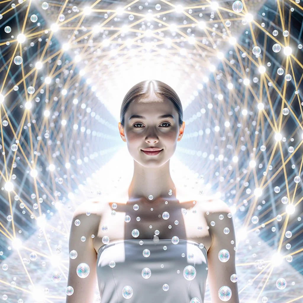 Radiant woman standing within a tunnel of golden light and geometric neural patterns, surrounded by floating iridescent spheres. The scene symbolizes holographic consciousness